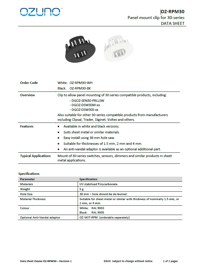 壁面取付クリップ φ38 白